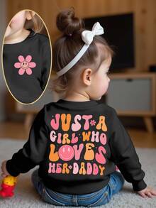 SHEIN Playful Pals 女嬰休閒可愛日系風彩色花朵漸層趣味字母印花圓領衛衣幼兒女童服飾 - 黑色 - 查看 3