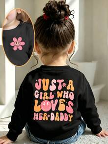 SHEIN Playful Pals 女嬰休閒可愛日系風彩色花朵漸層趣味字母印花圓領衛衣幼兒女童服飾 - 黑色 - 查看 1