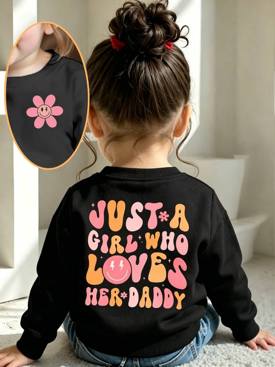 SHEIN Playful Pals 女嬰休閒可愛日系風彩色花朵漸層趣味字母印花圓領衛衣幼兒女童服飾 - 黑色 - 查看 1