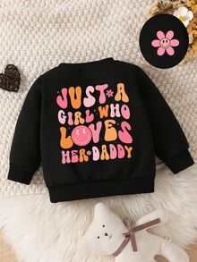SHEIN Playful Pals 女嬰休閒可愛日系風彩色花朵漸層趣味字母印花圓領衛衣幼兒女童服飾 - 黑色 - 查看 4