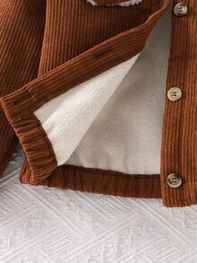Young Girls Corduroy Jacket Cozy Fleece Collar Sherpa Lined Warm Winter Coat Casual Button Down Outwear Flannel Textured Cute Tops - Brown - View 3