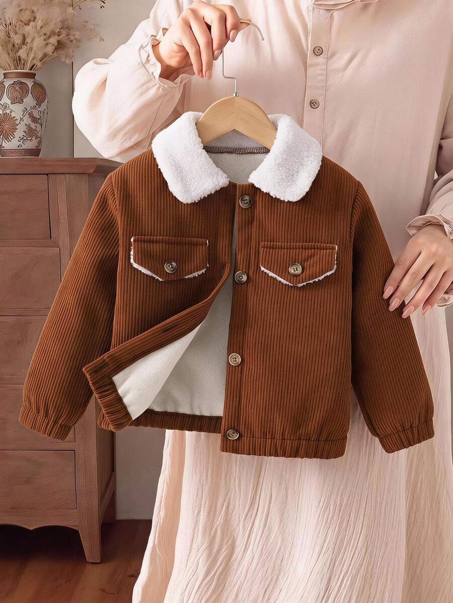 Young Girls Corduroy Jacket Cozy Fleece Collar Sherpa Lined Warm Winter Coat Casual Button Down Outwear Flannel Textured Cute Tops - Brown - View 1