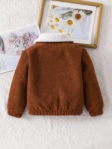 Young Girls Corduroy Jacket Cozy Fleece Collar Sherpa Lined Warm Winter Coat Casual Button Down Outwear Flannel Textured Cute Tops - Brown - View 2