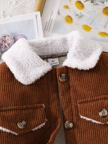 Young Girls Corduroy Jacket Cozy Fleece Collar Sherpa Lined Warm Winter Coat Casual Button Down Outwear Flannel Textured Cute Tops - Brown - View 4