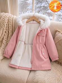 SHEIN Explorewe 年轻女孩粉色复合夹克，带可拆卸兜帽和毛领，休闲日常穿着 - 粉色 - 查看 1