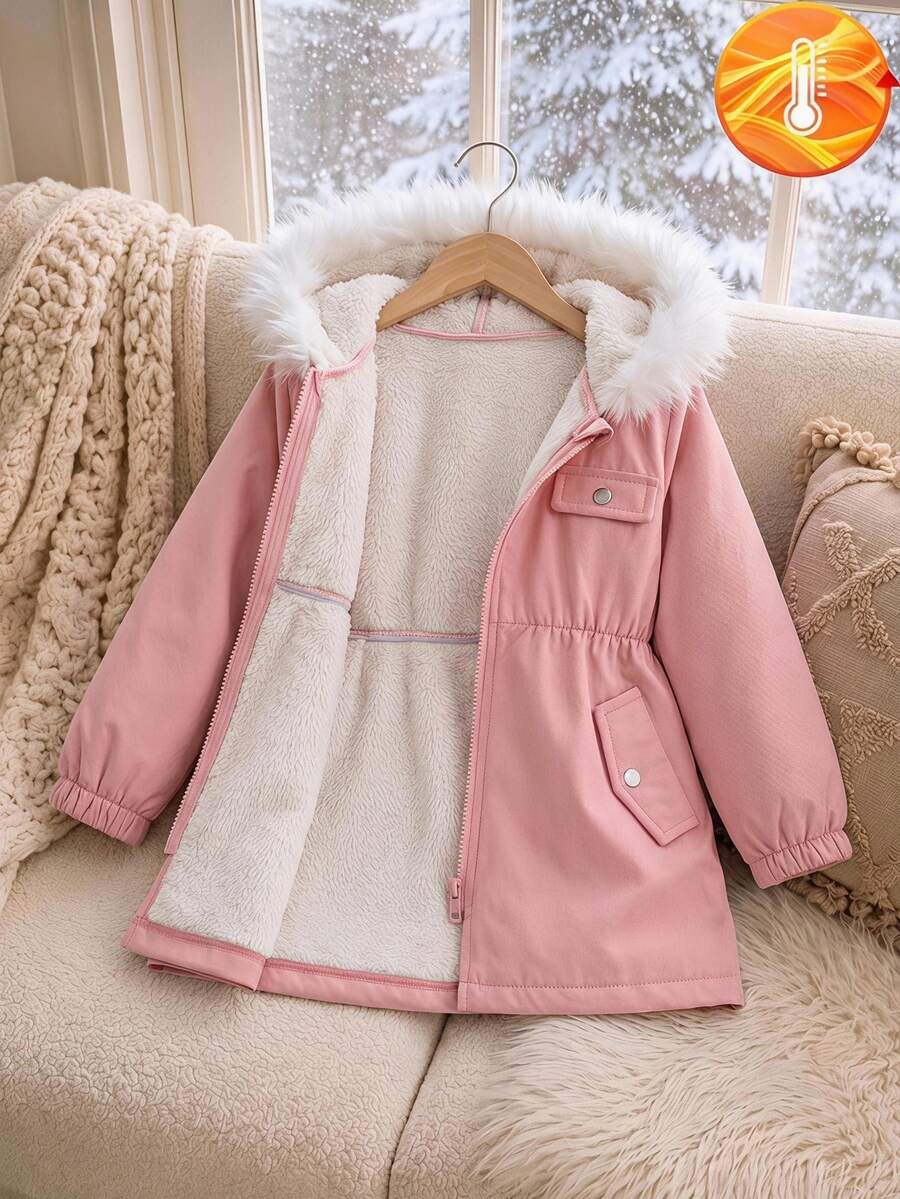 SHEIN Explorewe 年轻女孩粉色复合夹克,带可拆卸兜帽和毛领,休闲日常穿着 - 粉色 - 查看 1
