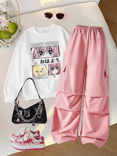 SHEIN ChillGRL 2 件套休闲动漫女孩肖像圆领落肩运动衫和阔腿裤套装，适合少女秋冬