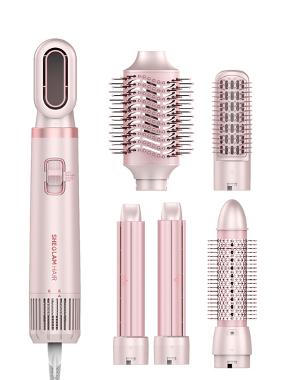 SHEGLAM HAIR Blowout Bliss All-In-One Multi-Styler,5 In 1 Blow Dryer Brush,VolumizingBrushes For Quick,Air Curling Wrap,Drying,Curling,Straightening & Volumizing,Anti-Frizz,Powerful Airflow 2X Faster Drying,Universal Voltage For Hair Styling Gift Pink Makeup Beach Festivals Hair Care Vacation Summer Hair Accerssories Back To School Travel