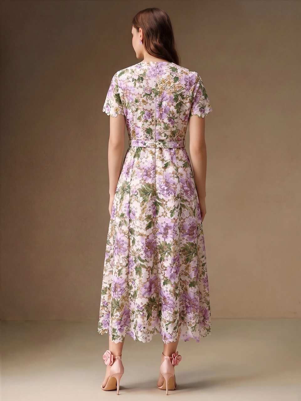 Anewsta Elegant Elegant Vacation Style Water-Soluble Print Lace Cinched Waist Cinched Waist Slimming Round Neck Short Sleeve A-Line Long Dress For Women