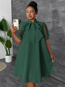 Maweii Plus Size Women's Loose Mesh Patchwork Bowknot Design Vacation Dress, Spring/Summer - Dark Green - View 4