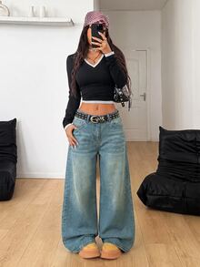 Coolane Women's Low Waist Loose Wide Leg Denim Jeans - Light Wash - View 6