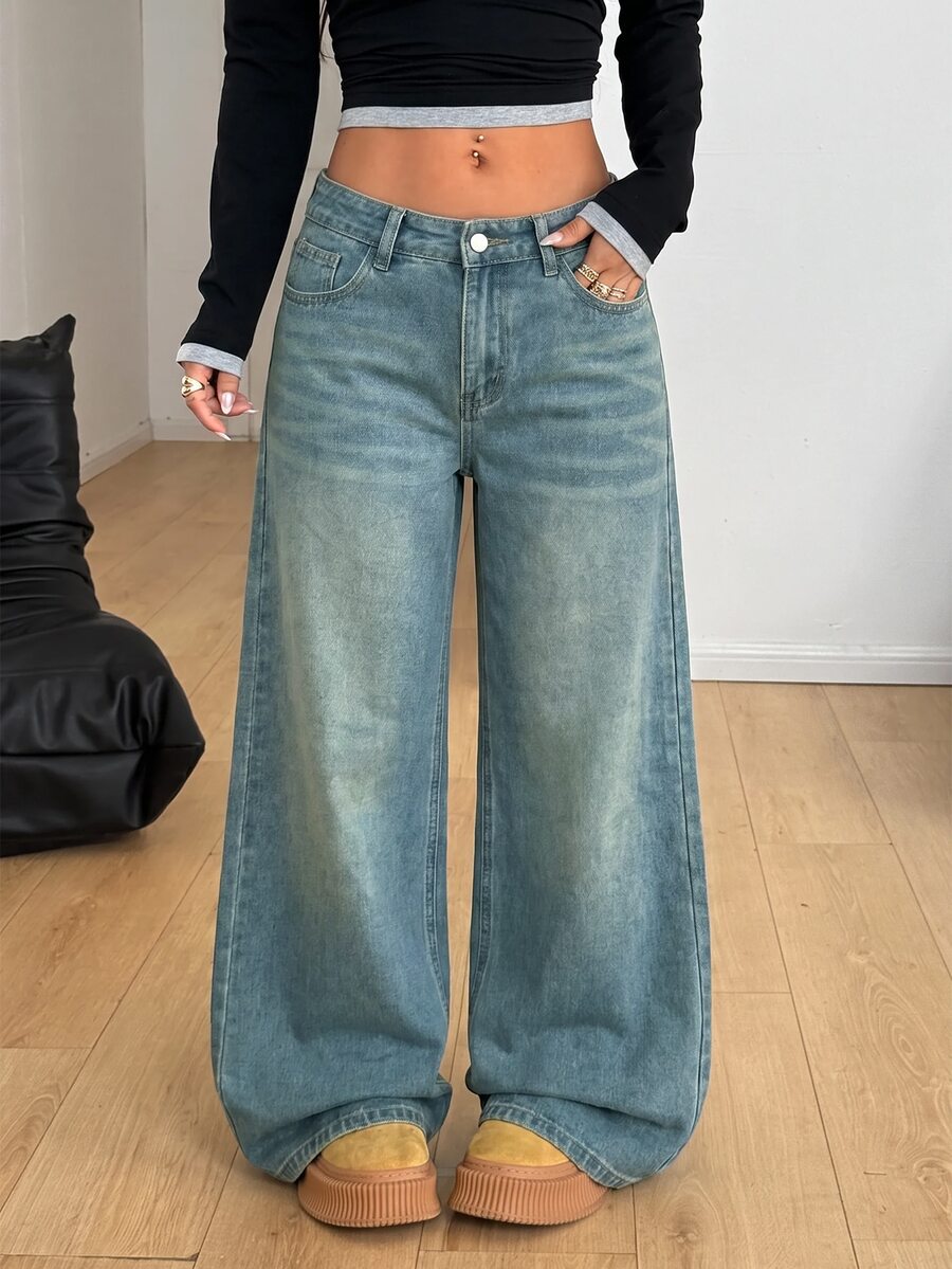 Coolane Women's Low Waist Loose Wide Leg Denim Jeans - Light Wash - View 1