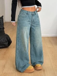 Coolane Women's Low Waist Loose Wide Leg Denim Jeans - Light Wash - View 4