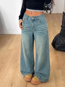 Coolane Women's Low Waist Loose Wide Leg Denim Jeans - Light Wash - View 5