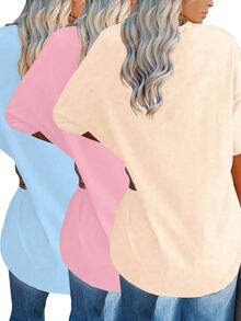 EMERY ROSE Plus Size Solid Half Sleeve T-Shirt, Casual V Neck T-Shirt For Summer, Women's Plus Size Clothing Graphic Tees Women Tops - Multicolor - View 2