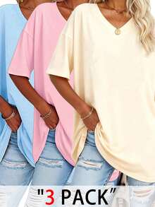 EMERY ROSE Plus Size Solid Half Sleeve T-Shirt, Casual V Neck T-Shirt For Summer, Women's Plus Size Clothing Graphic Tees Women Tops - Multicolor - View 1