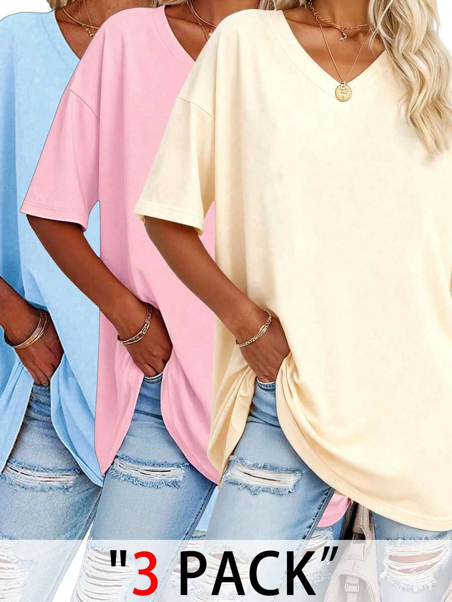 EMERY ROSE Plus Size Solid Half Sleeve T-Shirt, Casual V Neck T-Shirt For Summer, Women's Plus Size Clothing Graphic Tees Women Tops - Multicolor - View 1