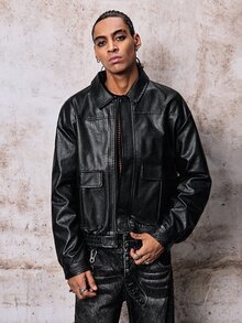 Skyrend Men's PU Leather Short Jacket, Long Sleeve Outerwear Suitable For Autumn/Winter, Grunge Fall/Autumn/Winter Grunge - Black - View 1