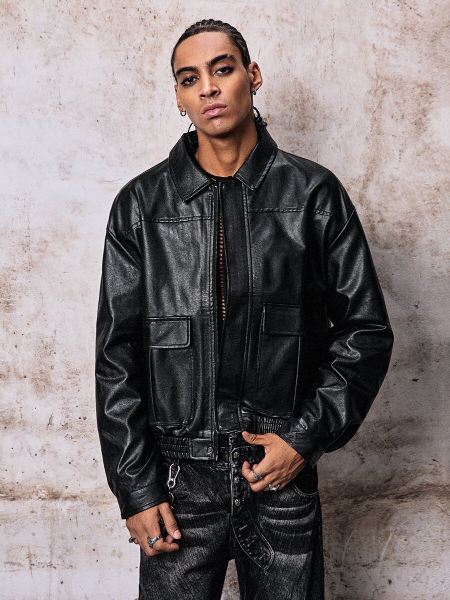 Skyrend Men's PU Leather Short Jacket, Long Sleeve Outerwear Suitable For Autumn/Winter, Grunge Fall/Autumn/Winter Grunge - Black - View 1