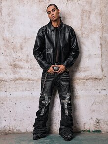 Skyrend Men's PU Leather Short Jacket, Long Sleeve Outerwear Suitable For Autumn/Winter, Grunge Fall/Autumn/Winter Grunge - Black - View 3