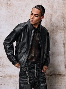 Skyrend Men's PU Leather Short Jacket, Long Sleeve Outerwear Suitable For Autumn/Winter, Grunge Fall/Autumn/Winter Grunge - Black - View 4