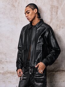 Skyrend Men's PU Leather Short Jacket, Long Sleeve Outerwear Suitable For Autumn/Winter, Grunge Fall/Autumn/Winter Grunge - Black - View 5