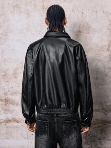Skyrend Men's PU Leather Short Jacket, Long Sleeve Outerwear Suitable For Autumn/Winter, Grunge Fall/Autumn/Winter Grunge - Black - View 2