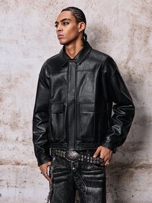 Skyrend Men's PU Leather Short Jacket, Long Sleeve Outerwear Suitable For Autumn/Winter, Grunge Fall/Autumn/Winter Grunge - Black - View 7