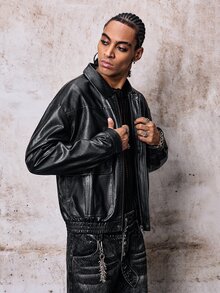 Skyrend Men's PU Leather Short Jacket, Long Sleeve Outerwear Suitable For Autumn/Winter, Grunge Fall/Autumn/Winter Grunge - Black - View 6