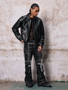 Skyrend Men's PU Leather Short Jacket, Long Sleeve Outerwear Suitable For Autumn/Winter, Grunge Fall/Autumn/Winter Grunge - Black - View 8