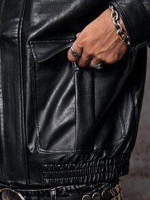 Skyrend Men's PU Leather Short Jacket, Long Sleeve Outerwear Suitable For Autumn/Winter, Grunge Fall/Autumn/Winter Grunge - Black - View 9