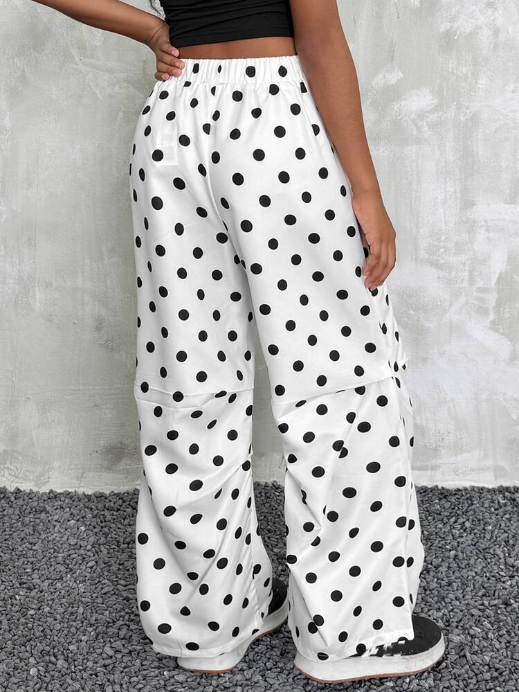 Tween Girls Polka Dot Kids Parachute Pants, Family Matching Y2K Wide Leg Baggy Sweatpants - Black and White - View 3