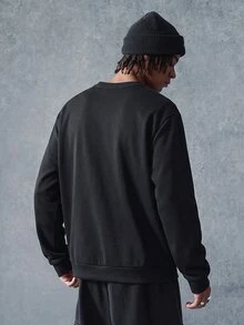 PAVTROS 1 pieza Sudadera de cuello redondo con ajuste holgado para hombre en color sólido - Negro - Ver 2