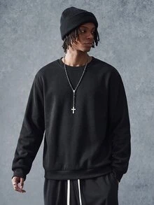 PAVTROS 1 pieza Sudadera de cuello redondo con ajuste holgado para hombre en color sólido - Negro - Ver 4
