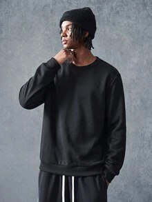 PAVTROS 1 pieza Sudadera de cuello redondo con ajuste holgado para hombre en color sólido - Negro - Ver 6