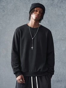 PAVTROS 1 pieza Sudadera de cuello redondo con ajuste holgado para hombre en color sólido - Negro - Ver 1
