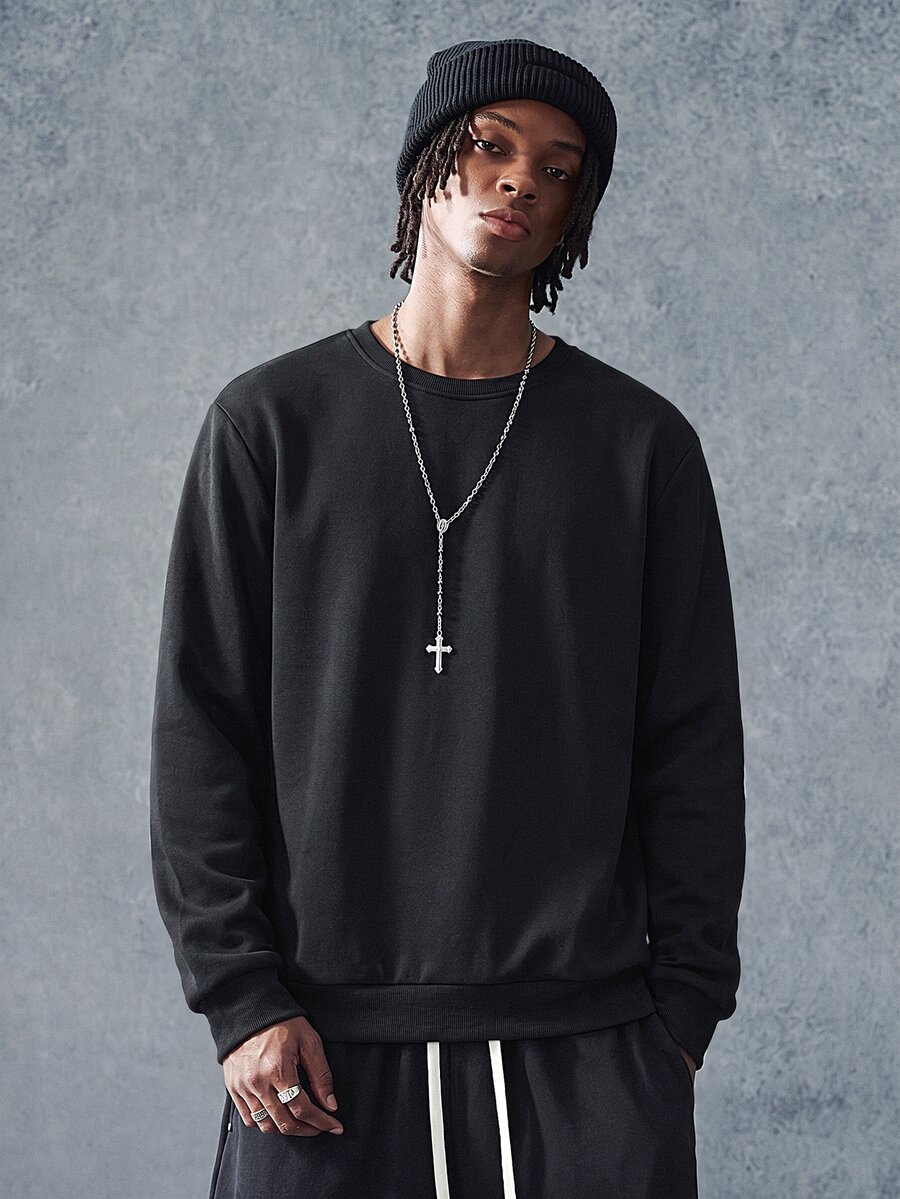 PAVTROS 1 pieza Sudadera de cuello redondo con ajuste holgado para hombre en color sólido - Negro - Ver 1