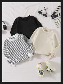 SHEIN 小男孩 3 件組簡約長袖套頭衛衣套裝 日常基礎款服飾 - 彩色 - 查看 8