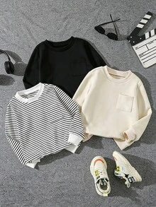 SHEIN 小男孩 3 件組簡約長袖套頭衛衣套裝 日常基礎款服飾 - 彩色 - 查看 9