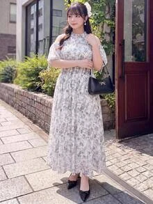 Bijouette Plus Size White Ink Print Cold Shoulder Cinched Waist Dress, Suitable For Commuting, Party, Wedding Guest And Dating, A-Line Long Dress, Perfect For Hiding Belly And Slimming, Suitable For Pear And Apple Body Shapes, Full Size Range Without Tightness, Waist Gathered Design Fashionable And Slimming For All Body Types - Multicolor - View 6