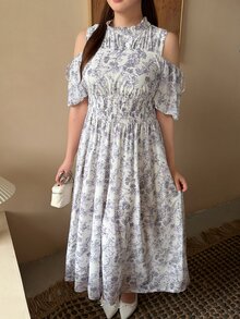 Bijouette Plus Size White Ink Print Cold Shoulder Cinched Waist Dress, Suitable For Commuting, Party, Wedding Guest And Dating, A-Line Long Dress, Perfect For Hiding Belly And Slimming, Suitable For Pear And Apple Body Shapes, Full Size Range Without Tightness, Waist Gathered Design Fashionable And Slimming For All Body Types - Multicolor - View 11