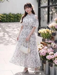 Bijouette Plus Size White Ink Print Cold Shoulder Cinched Waist Dress, Suitable For Commuting, Party, Wedding Guest And Dating, A-Line Long Dress, Perfect For Hiding Belly And Slimming, Suitable For Pear And Apple Body Shapes, Full Size Range Without Tightness, Waist Gathered Design Fashionable And Slimming For All Body Types - Multicolor - View 3