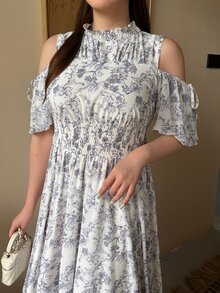 Bijouette Plus Size White Ink Print Cold Shoulder Cinched Waist Dress, Suitable For Commuting, Party, Wedding Guest And Dating, A-Line Long Dress, Perfect For Hiding Belly And Slimming, Suitable For Pear And Apple Body Shapes, Full Size Range Without Tightness, Waist Gathered Design Fashionable And Slimming For All Body Types - Multicolor - View 13