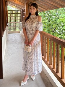 Bijouette Plus Size White Ink Print Cold Shoulder Cinched Waist Dress, Suitable For Commuting, Party, Wedding Guest And Dating, A-Line Long Dress, Perfect For Hiding Belly And Slimming, Suitable For Pear And Apple Body Shapes, Full Size Range Without Tightness, Waist Gathered Design Fashionable And Slimming For All Body Types - Multicolor - View 16