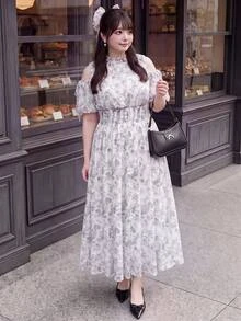 Bijouette Plus Size White Ink Print Cold Shoulder Cinched Waist Dress, Suitable For Commuting, Party, Wedding Guest And Dating, A-Line Long Dress, Perfect For Hiding Belly And Slimming, Suitable For Pear And Apple Body Shapes, Full Size Range Without Tightness, Waist Gathered Design Fashionable And Slimming For All Body Types - Multicolor - View 1