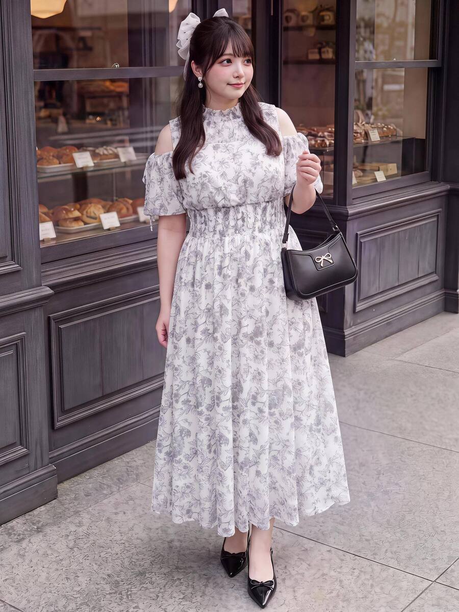 Bijouette Plus Size White Ink Print Cold Shoulder Cinched Waist Dress, Suitable For Commuting, Party, Wedding Guest And Dating, A-Line Long Dress, Perfect For Hiding Belly And Slimming, Suitable For Pear And Apple Body Shapes, Full Size Range Without Tightness, Waist Gathered Design Fashionable And Slimming For All Body Types - Multicolor - View 1