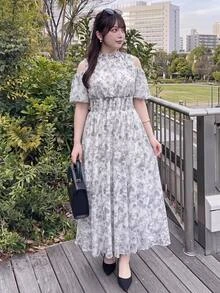 Bijouette Plus Size White Ink Print Cold Shoulder Cinched Waist Dress, Suitable For Commuting, Party, Wedding Guest And Dating, A-Line Long Dress, Perfect For Hiding Belly And Slimming, Suitable For Pear And Apple Body Shapes, Full Size Range Without Tightness, Waist Gathered Design Fashionable And Slimming For All Body Types - Multicolor - View 15