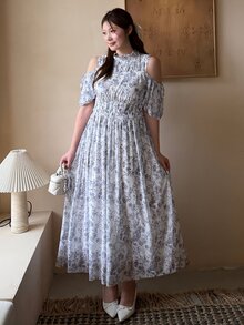 Bijouette Plus Size White Ink Print Cold Shoulder Cinched Waist Dress, Suitable For Commuting, Party, Wedding Guest And Dating, A-Line Long Dress, Perfect For Hiding Belly And Slimming, Suitable For Pear And Apple Body Shapes, Full Size Range Without Tightness, Waist Gathered Design Fashionable And Slimming For All Body Types - Multicolor - View 10