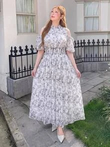 Bijouette Plus Size White Ink Print Cold Shoulder Cinched Waist Dress, Suitable For Commuting, Party, Wedding Guest And Dating, A-Line Long Dress, Perfect For Hiding Belly And Slimming, Suitable For Pear And Apple Body Shapes, Full Size Range Without Tightness, Waist Gathered Design Fashionable And Slimming For All Body Types - Multicolor - View 8