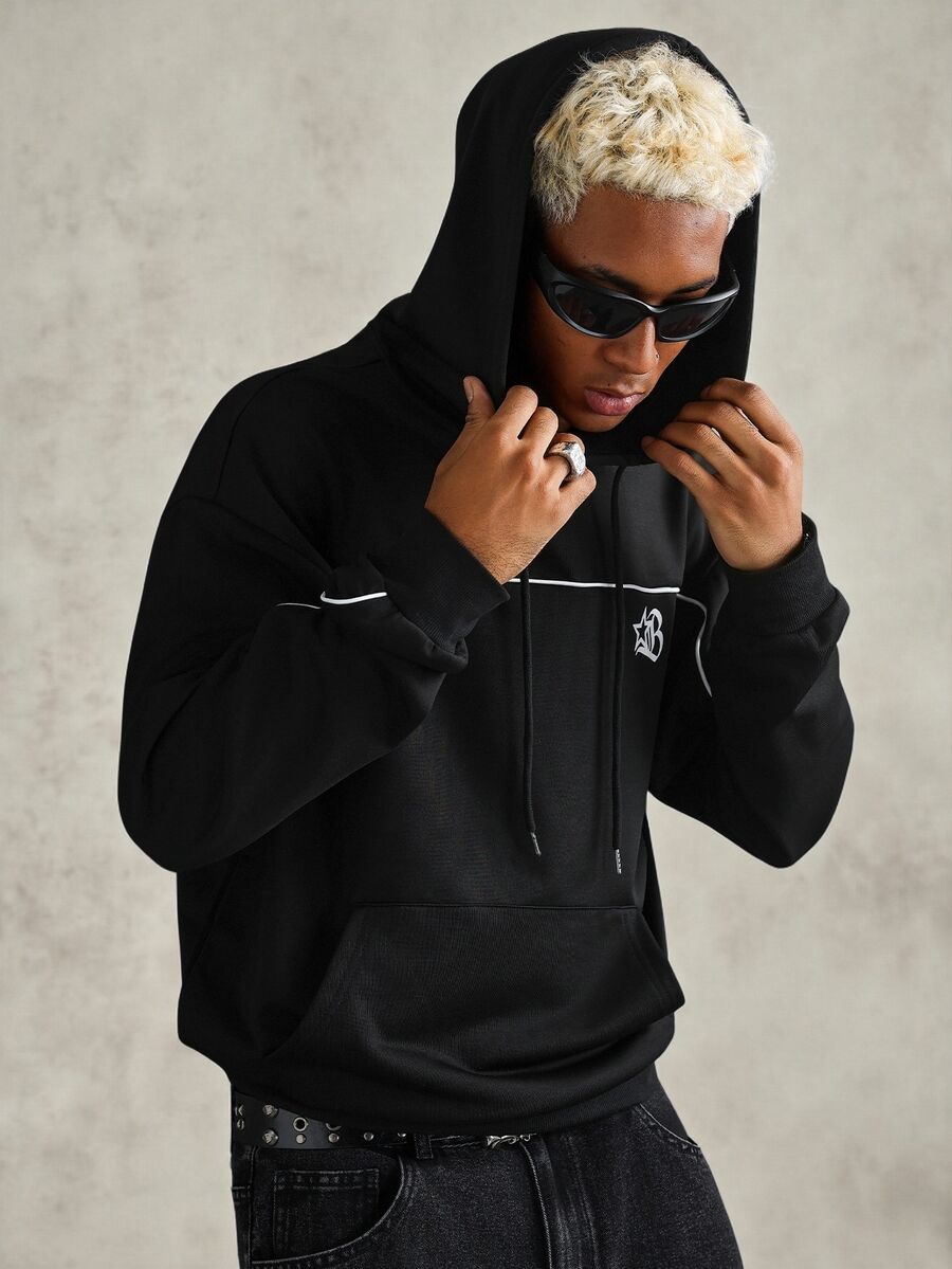 PAVTROS Men's Black Hoodie Sweatshirt With Printed Design, Regular Length, Long Sleeve Avant-Garde Design - Black - View 1